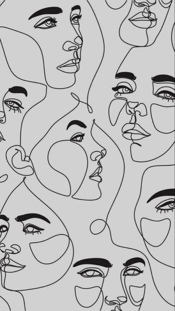 Continuous line art of abstract faces, minimalist black on white drawing style.
