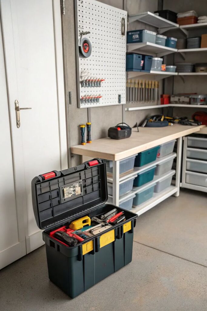 24+ Smart Ideas for Organizing Storage Units Organized garage workshop with open toolbox, shelves, and pegboard displaying various tools and equipment. | Sky Rye Design Organized garage workshop with open toolbox, shelves, and pegboard displaying various tools and equipment.