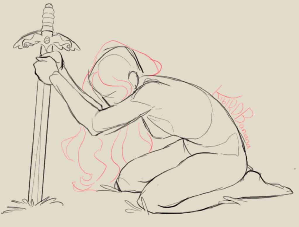 Kneeling figure with sword, long flowing hair, digital art depicting reflection and solitude.