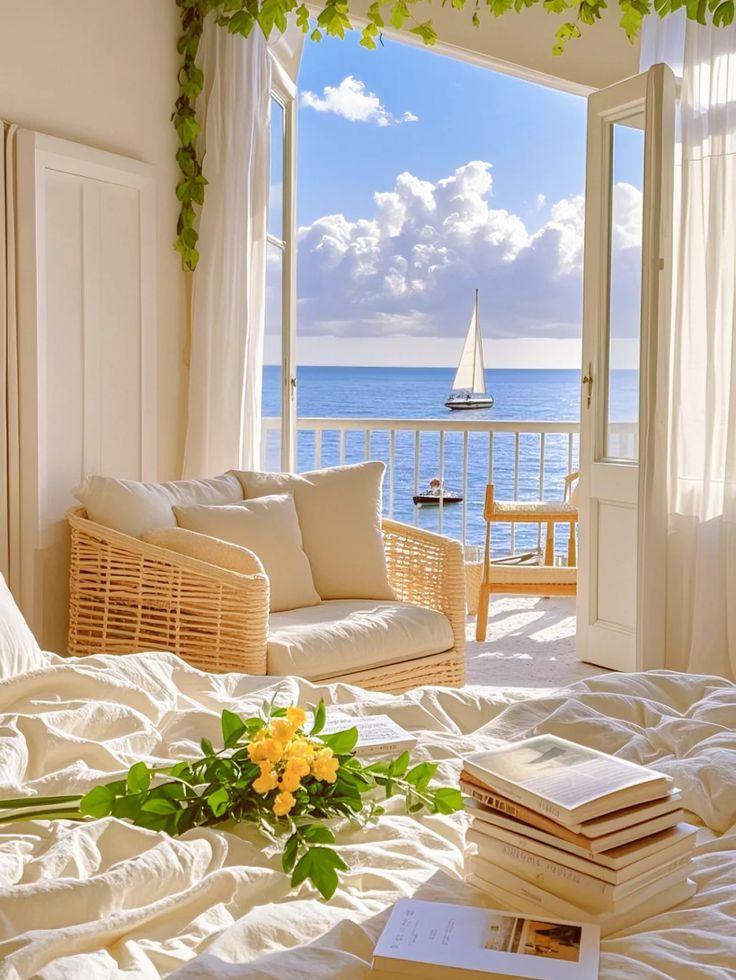 Cozy bedroom with sea view, sailboat, and sunny balcony, featuring rattan furniture, books, and fresh yellow flowers.