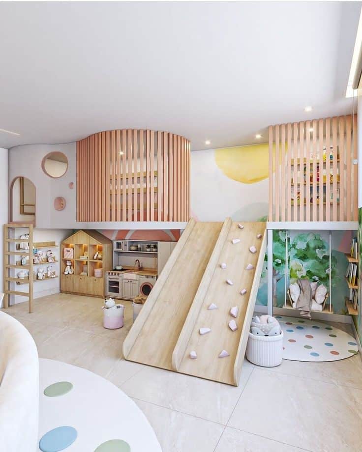Modern kids playroom with wooden slides, climbing wall, cute decor, and storage areas. Cozy and fun indoor playground.
