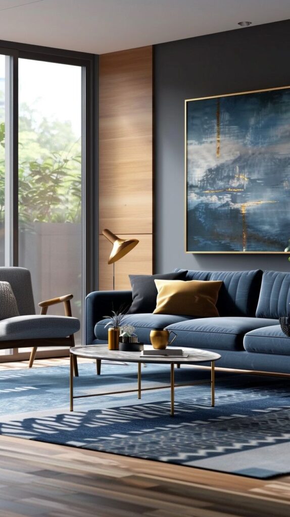 Modern living room with blue sofa, abstract painting, and large window. Cozy, stylish decor with wood accents and sunlight.