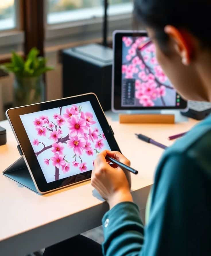 Person digitally illustrating pink flowers on a tablet with stylus in creative workspace.