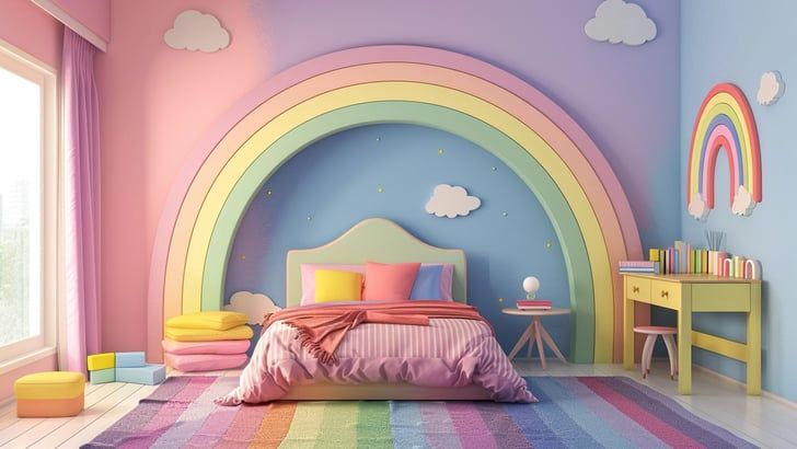 Whimsical kids' bedroom with rainbow décor, pastel colors, and cozy furnishings under soft natural light.