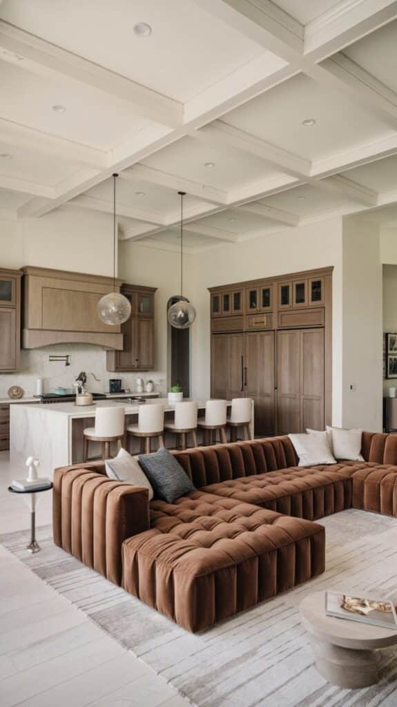 Stylish open-plan living room with brown sectional sofa, modern kitchen, and pendant lighting.