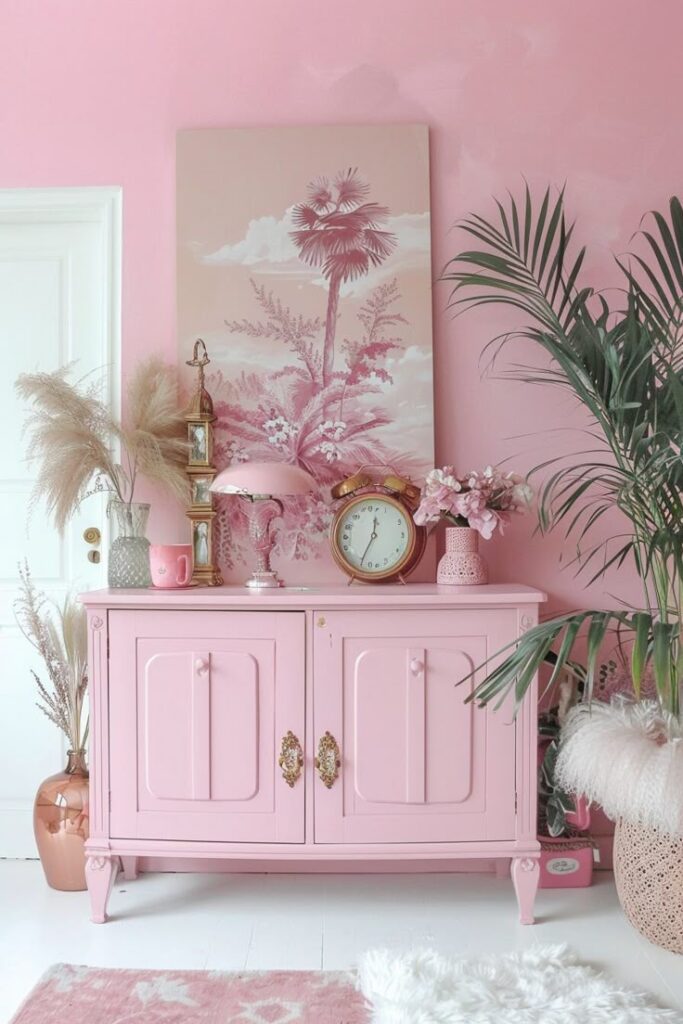 Pink vintage cabinet with tropical decor, antique clock, and lush plants in a chic, pastel-themed room.