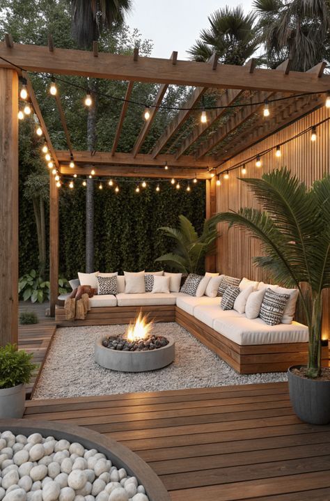 Cozy outdoor patio with string lights, sectional seating, and fire pit surrounded by lush greenery. Perfect for relaxing evenings.