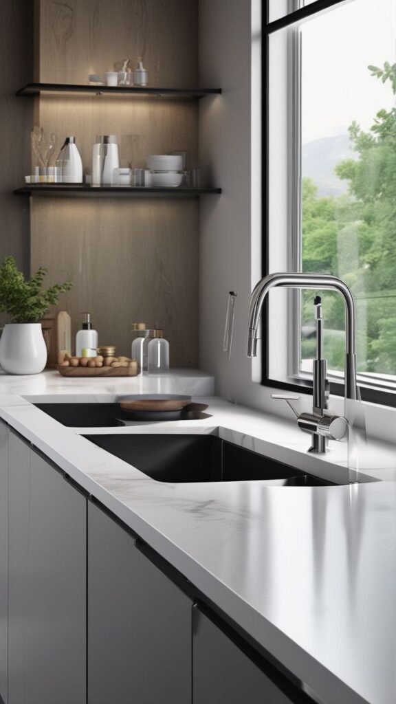 Modern kitchen interior with sleek marble countertops, stainless steel faucet, and open shelving. Bright and minimalist design.