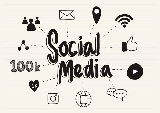 Social media concepts with icons like email, location, likes, and chat in a black and white design.