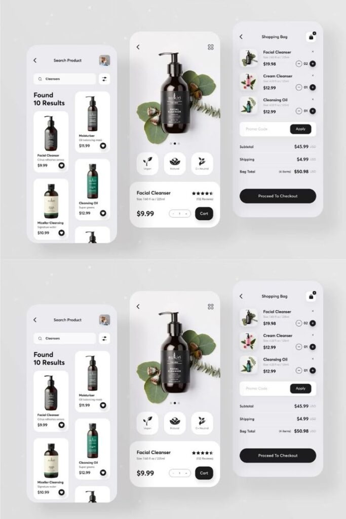 Mobile app interface for skincare shopping, featuring product search, details, and shopping cart view.