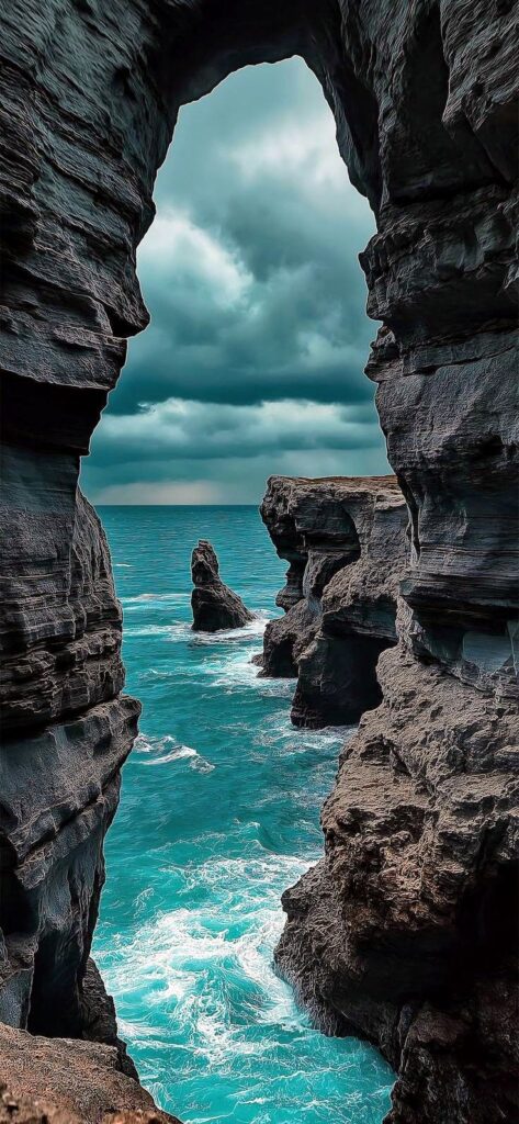 Dramatic coastal cliffs with stormy sky and blue ocean waves.