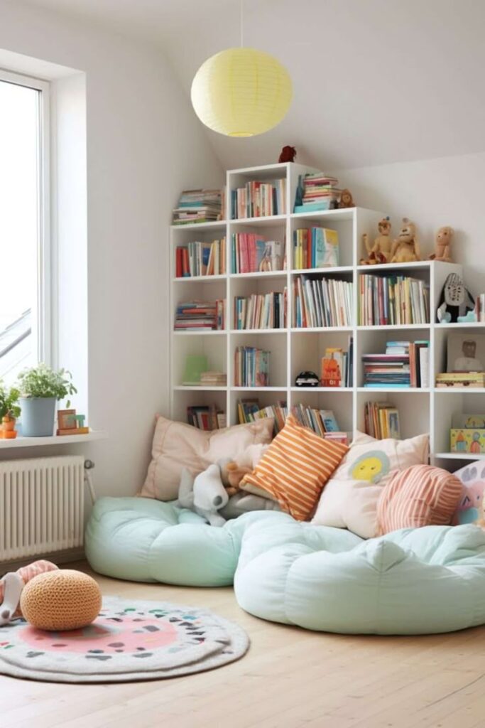 Cozy reading nook with plush pillows, bean bags, and a bookshelf full of colorful books, perfect for relaxation.