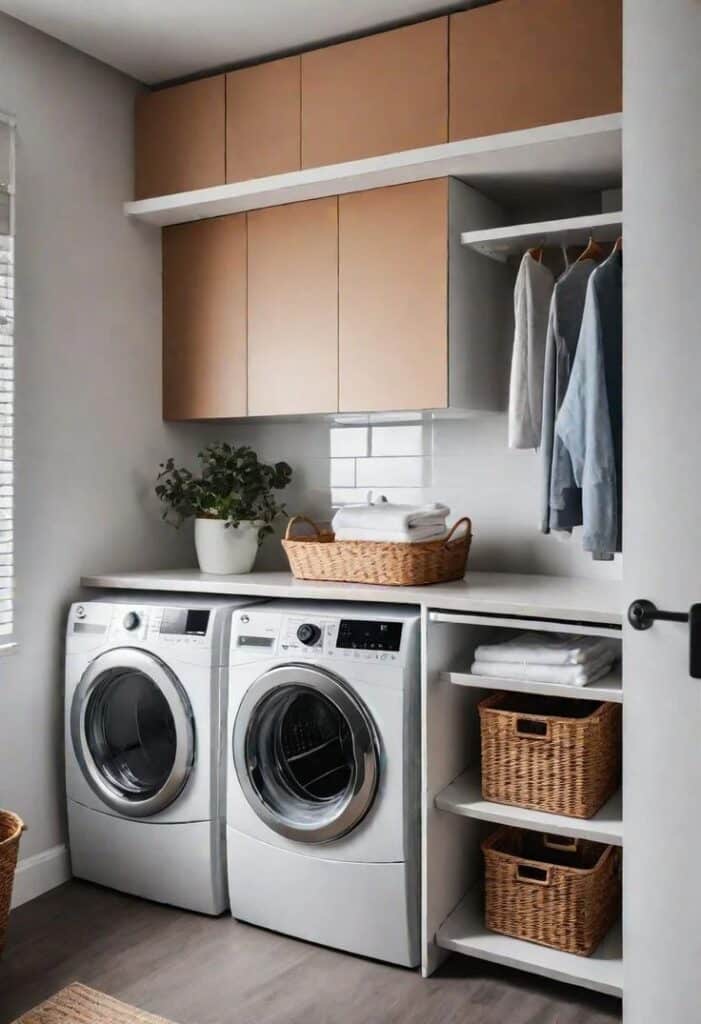 Modern laundry room with stacked washers, storage cabinets, and organized shelves with baskets and hanging clothes.