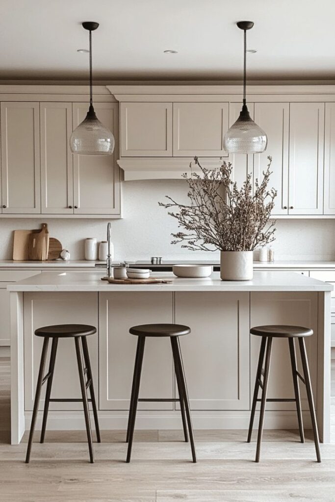 Modern kitchen with beige cabinets, island with stools, pendant lights, and decorative branches in a vase.