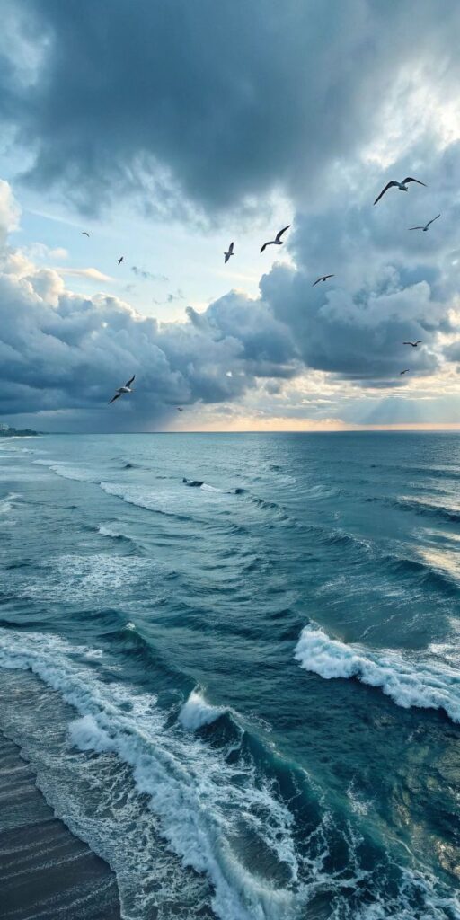 Seagulls soaring over a wavy ocean under a cloudy sky, capturing the essence of a stormy sea scene.