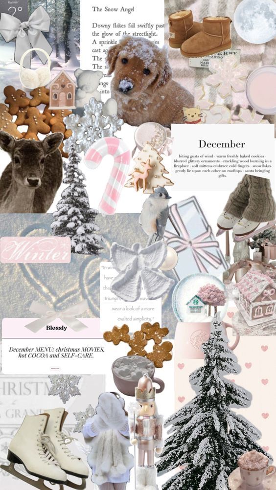 Winter collage with snow, a puppy, ice skates, gingerbread cookies, and holiday decorations, evoking cozy Christmas vibes.
