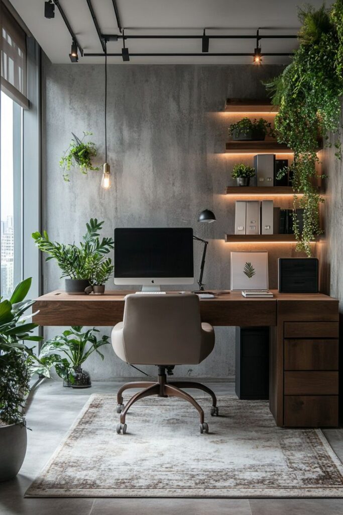 Modern office with wooden desk, computer, and lush greenery; a perfect blend of style and nature.