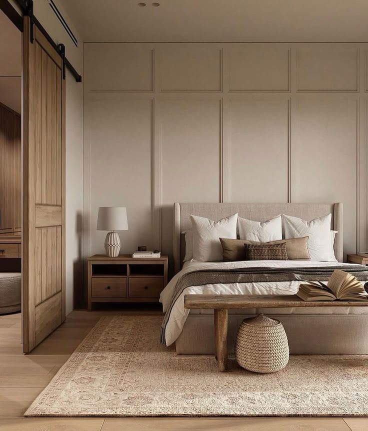 Modern cozy bedroom with beige tones, wooden accents, and layered bedding. Features a woven basket and classic nightstand.
