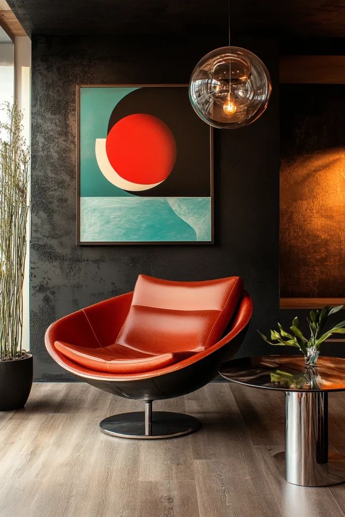 2731b833-8a91-4ff4-b17e-cdb25a21d5a4 Modern living room with a red leather chair, abstract art, glass pendant light, and a plant on wooden floor. | Sky Rye Design Modern living room with a red leather chair, abstract art, glass pendant light, and a plant on wooden floor.