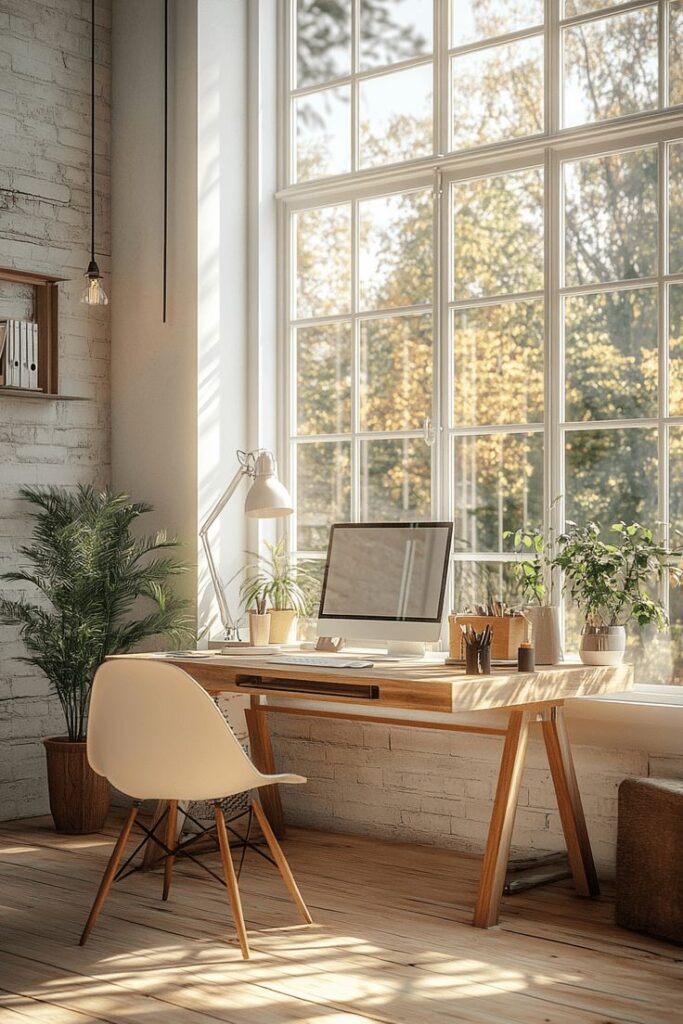 Bright home office with large windows, desk, computer, and indoor plants creating a cozy, natural workspace.