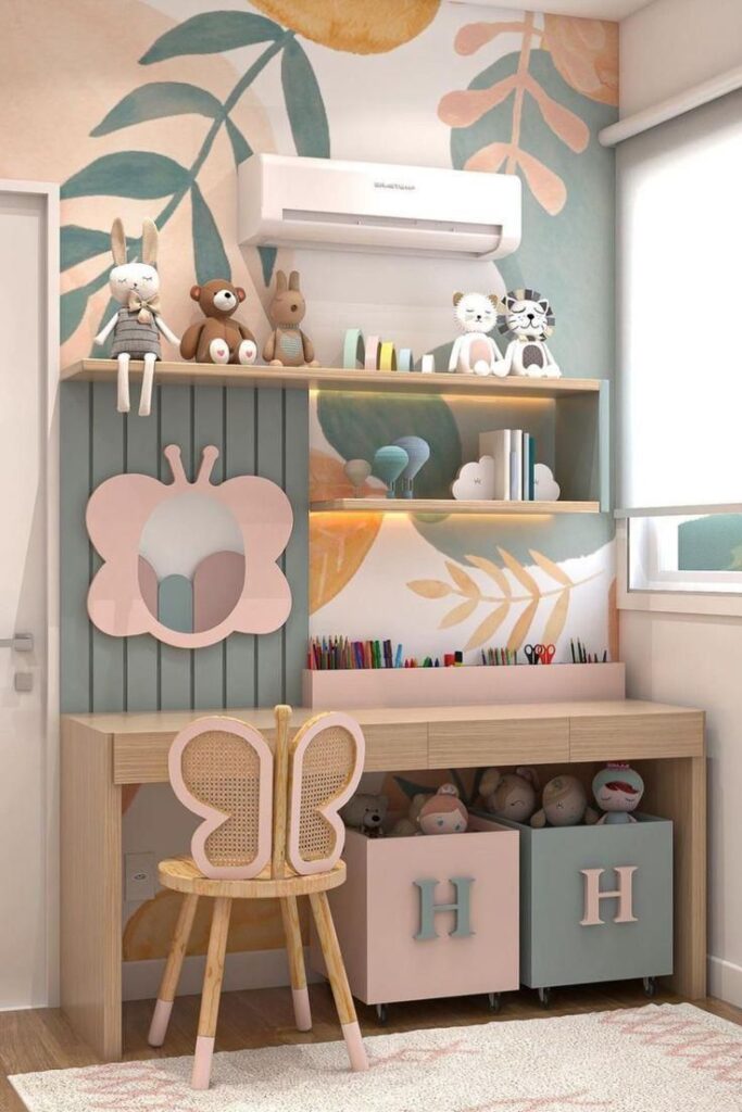 Kids' study area with butterfly chair, colorful desk, plush toys, and wall art creating a playful, cozy vibe.