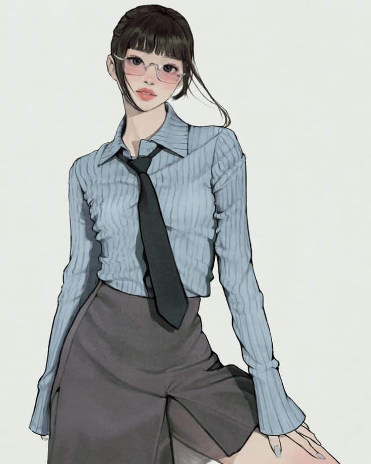 Anime-style illustration of a woman in glasses, tie, and blue shirt, exuding a professional yet stylish look.