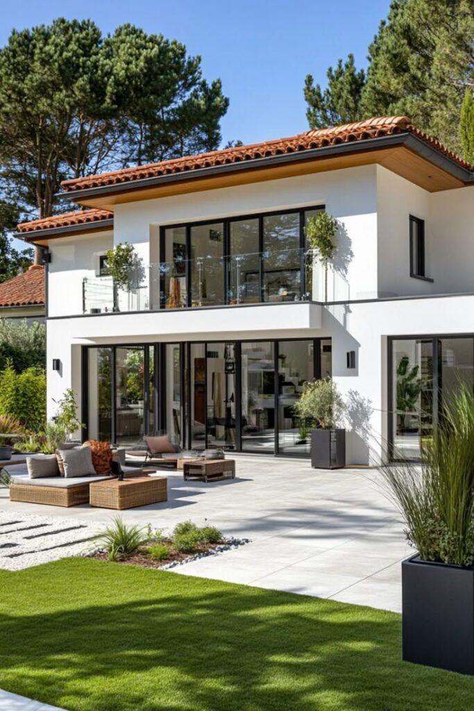 Modern two-story house with glass doors, patio furniture, and lush green lawn surrounded by trees.