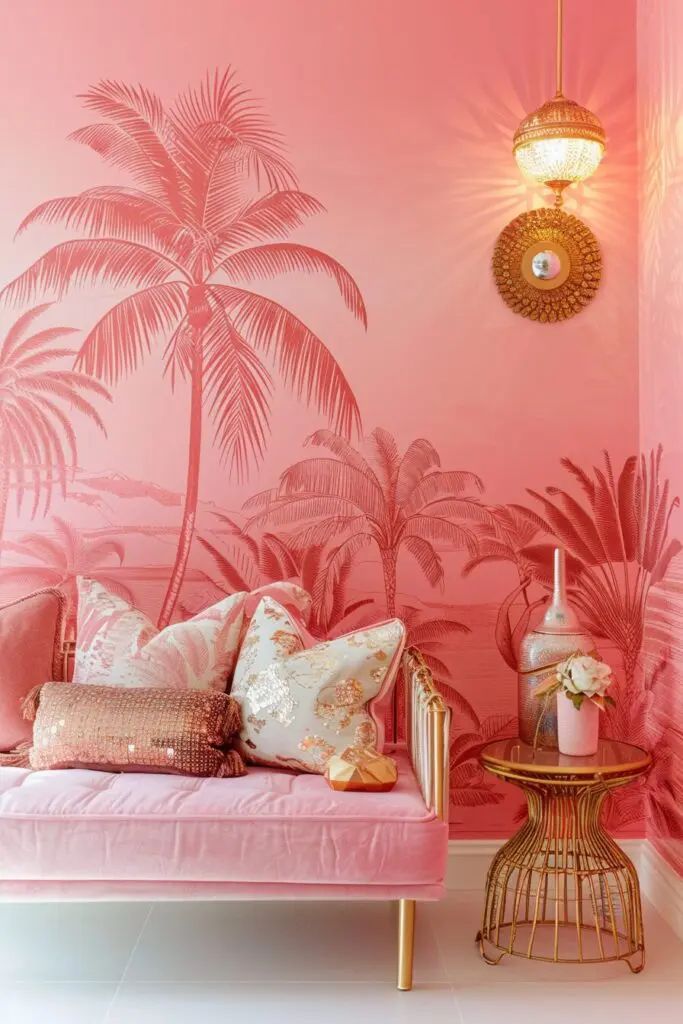 Elegant pink living room with palm tree wallpaper, plush sofa, patterned pillows, and a vintage wall lantern.