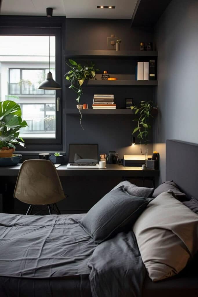 Cozy modern bedroom with workspace, shelves, and plants, featuring a laptop on a desk by the window.