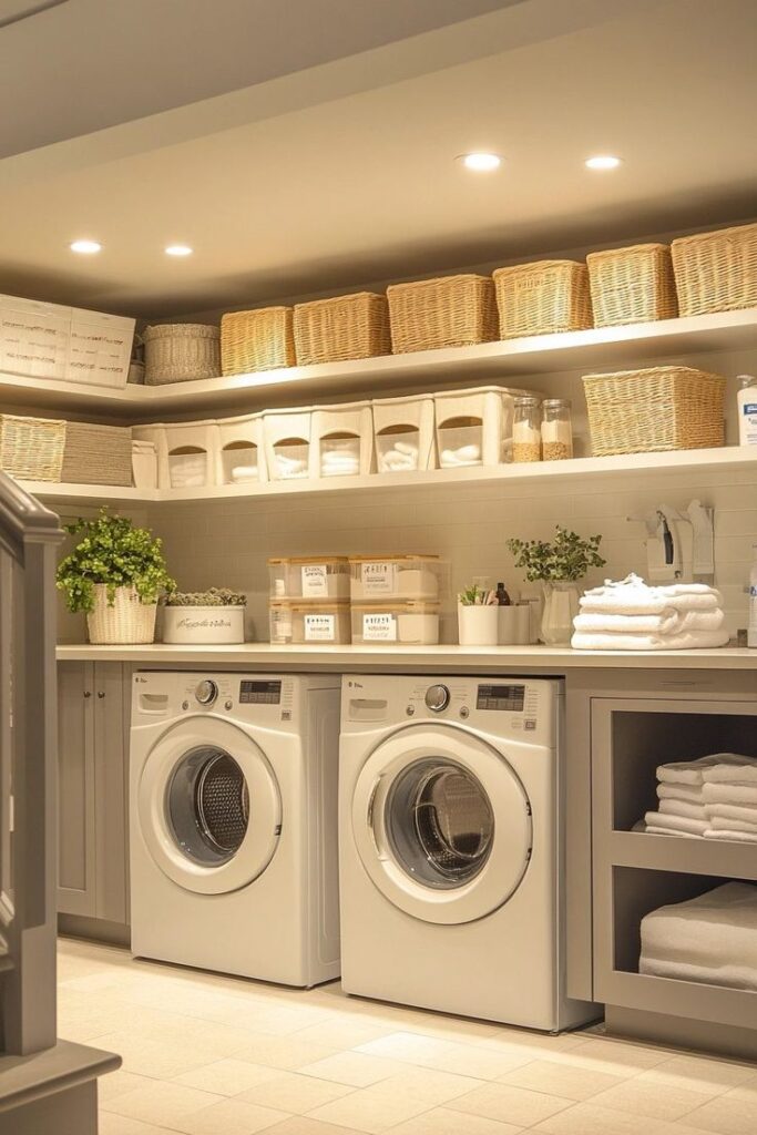 Modern laundry room with washer, dryer, shelves of woven baskets, and neatly folded towels.