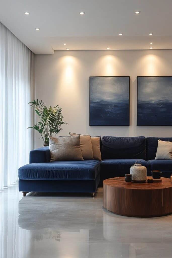 Modern living room with blue sofa, round wooden coffee table, and abstract wall art in cozy lighting.