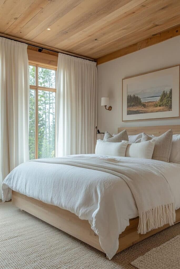 Cozy bedroom with wooden ceiling, white bedding, large window, and scenic wall art. Bright, serene, and inviting decor.