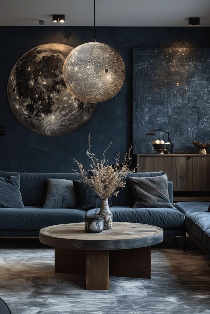 Modern living room with cosmic-inspired decor, featuring a moon-shaped wall art and round pendant light.
