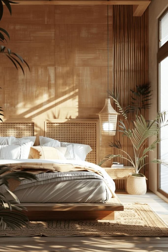 Minimalist bedroom with wooden accents, cozy bed, and natural light. Stylish, tranquil interior design.
