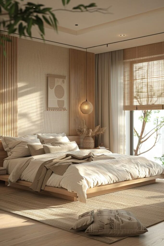 Minimalist bedroom with neutral tones, soft lighting, and natural decor elements, featuring a low bed and large window.