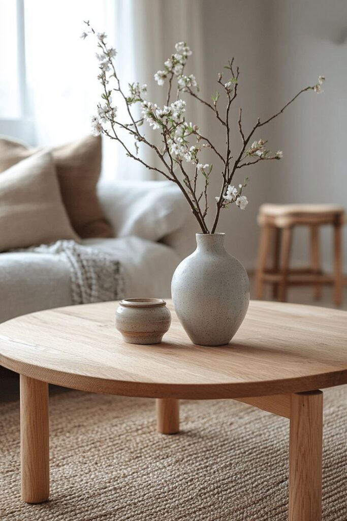 Minimalist coffee table with vases and cherry blossom branches in a cozy living room setting.