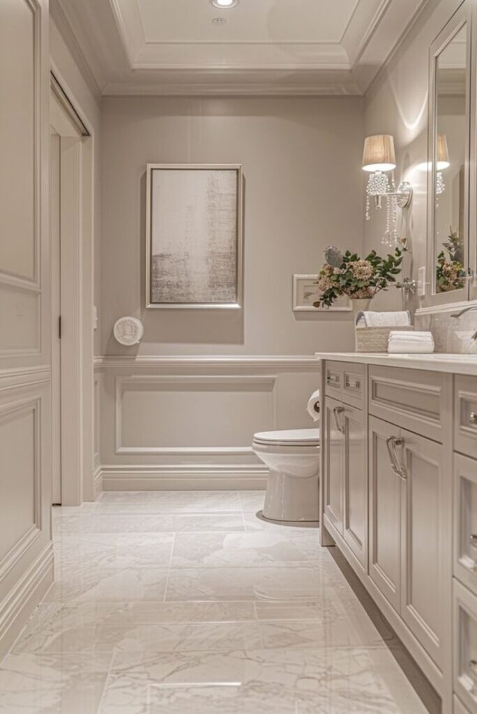 29 Tiny Apartment Bathrooms with Innovative Design Solutions Elegant beige bathroom with marble floor, modern fixtures, and soft lighting. | Sky Rye Design Elegant beige bathroom with marble floor, modern fixtures, and soft lighting.