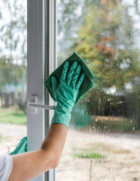 Person cleaning window with green gloves and cloth, removing smudges for a spotless finish.
