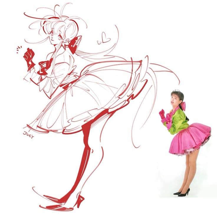 Cartoon character sketch with matching colorful outfit, pink skirt, green top, and gloves.