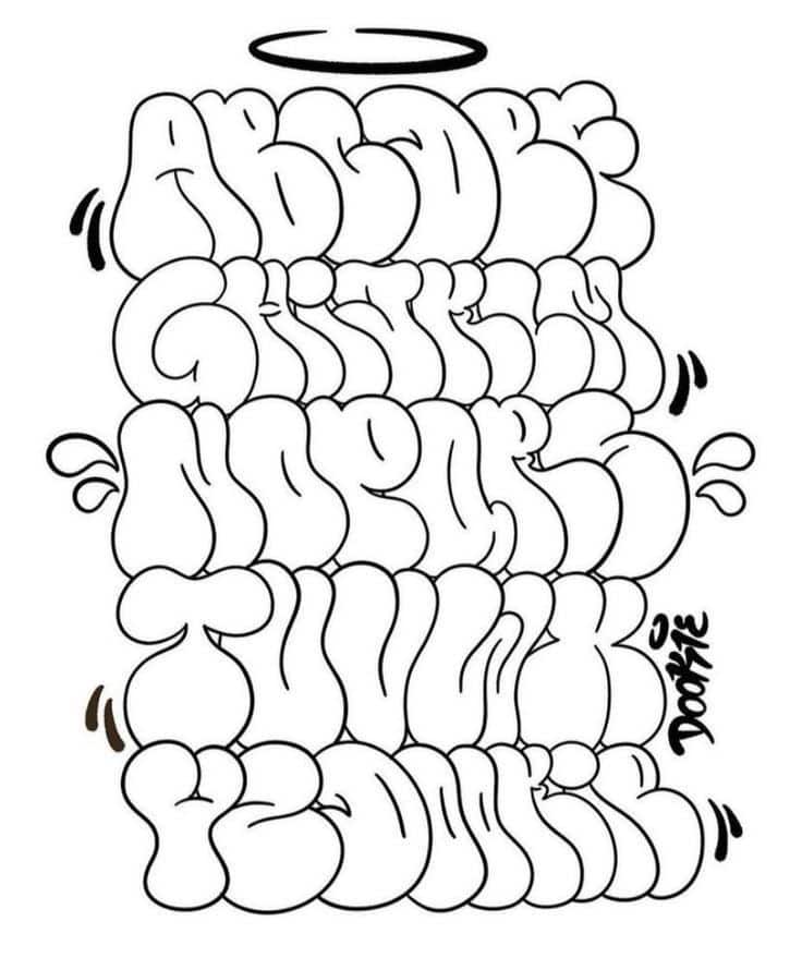 Creative graffiti-style alphabet with bubbly letters and halo on top, designed by Doopie. Black and white artwork.