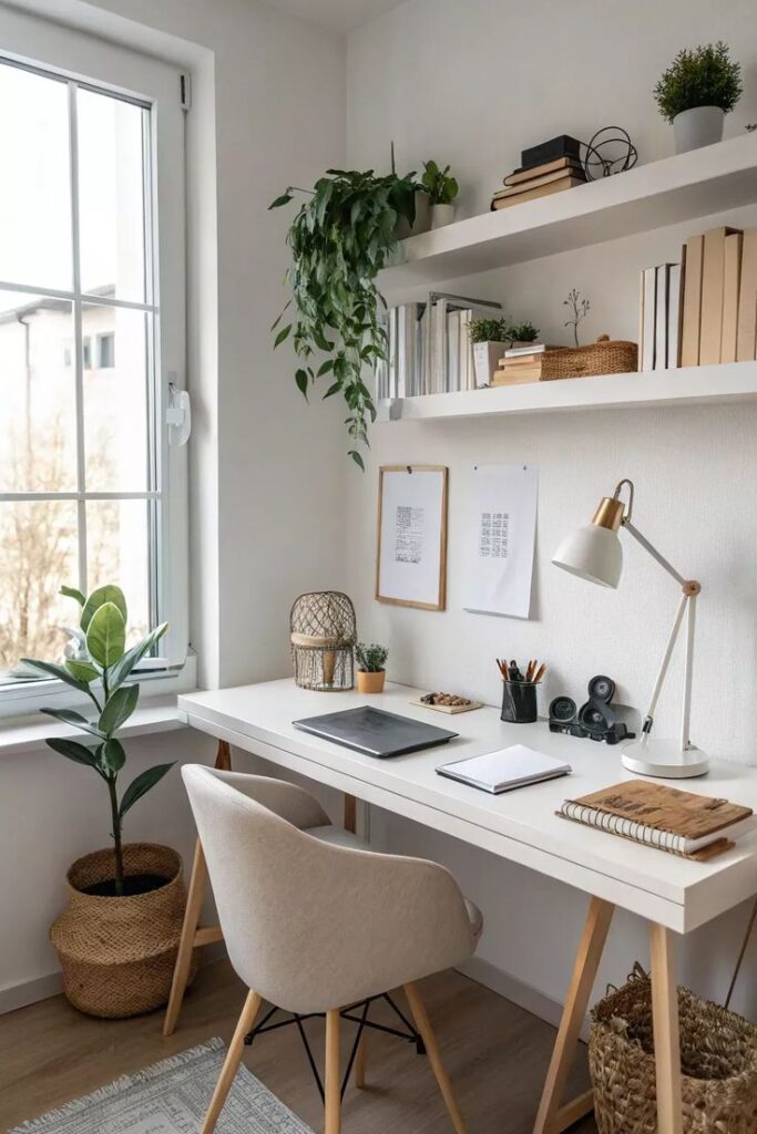Minimalist home office with plants, white desk, shelves, and a beige chair by a window. Cozy and organized workspace.
