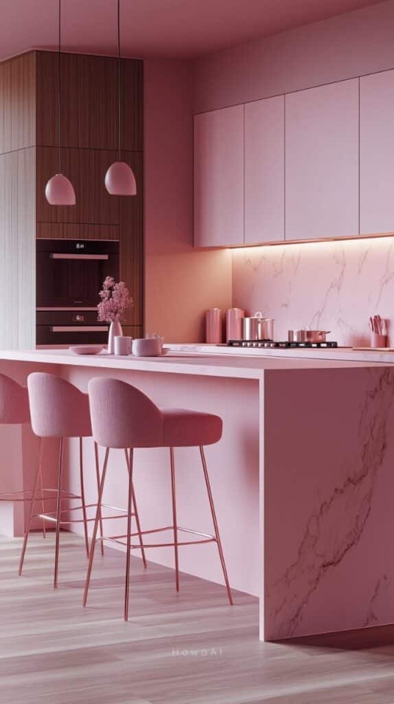 Modern pink kitchen with marble counter, pink stools, and soft lighting. Stylish design, elegant decor, contemporary feel.