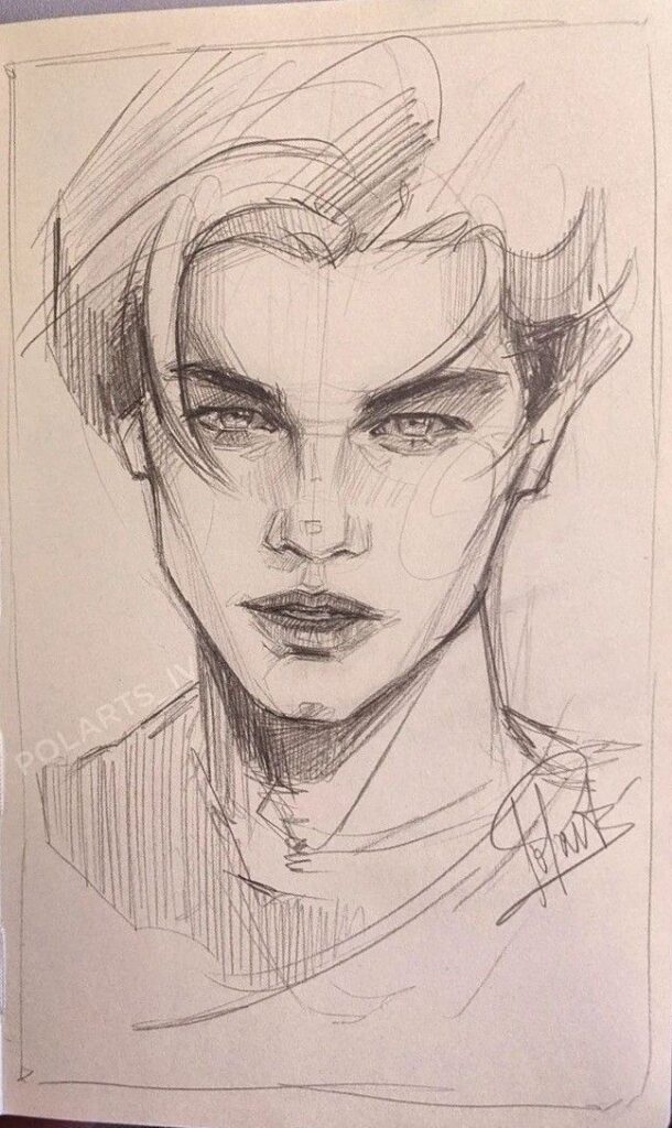 Hand-drawn sketch of a young person's face, focusing on expressive eyes and hair details, signed by the artist.