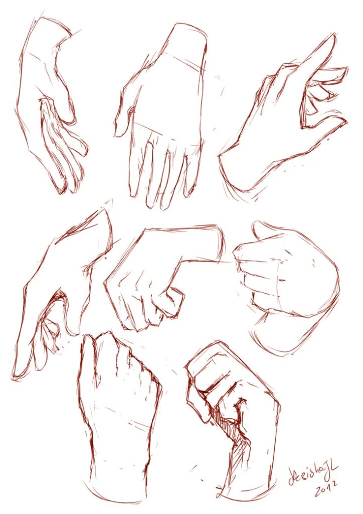 2b263489-31ff-4cbc-9256-457c81a2bee5 Sketch of diverse hand positions, showcasing artistic anatomy and gesture drawing in red pencil. | Sky Rye Design Sketch of diverse hand positions, showcasing artistic anatomy and gesture drawing in red pencil.