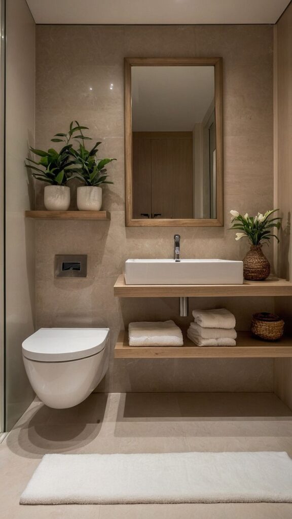 Modern bathroom with floating sink, wooden shelves, plants, and wall-mounted toilet for minimalist design.
