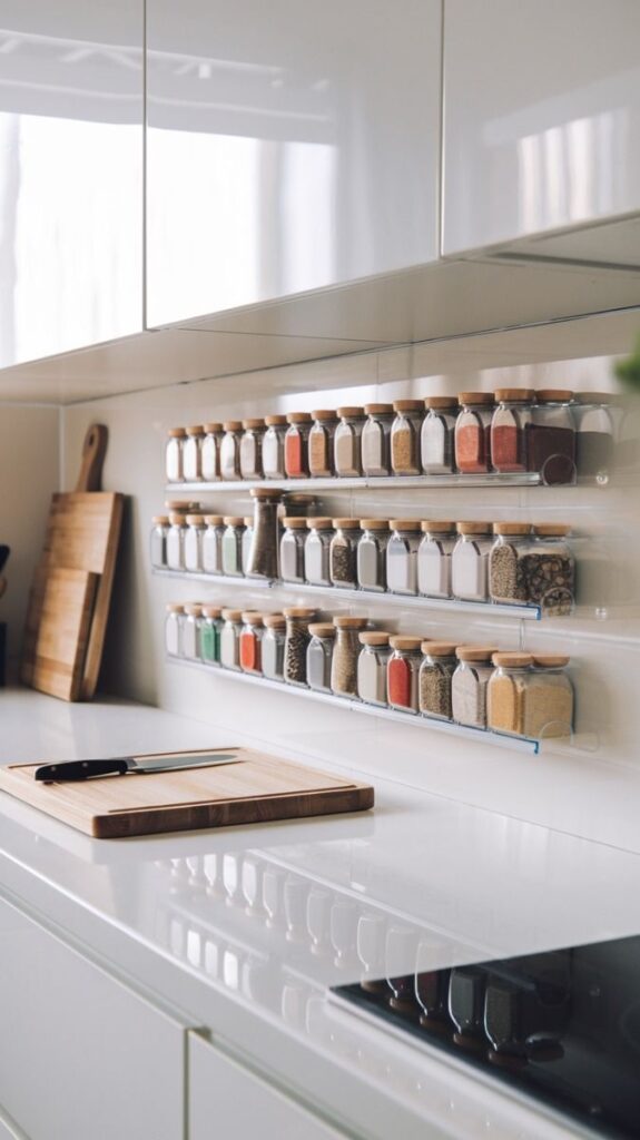 Modern kitchen with organized spice jars on shelves, wooden cutting board, and knife on white countertop.