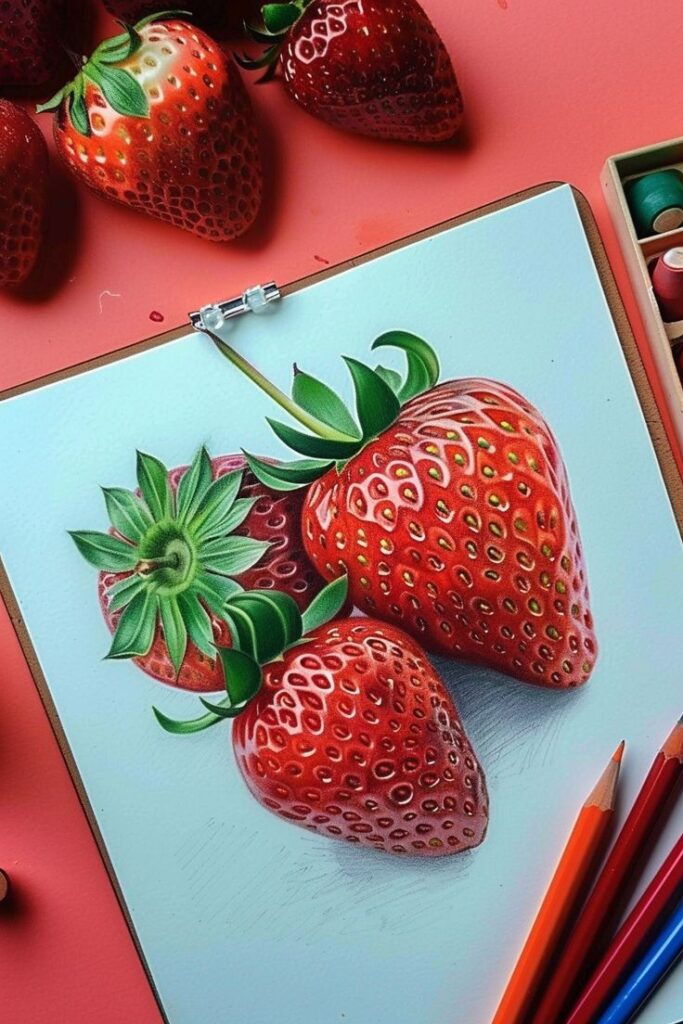 Realistic strawberry drawing with colored pencils, beside fresh strawberries on a vibrant red background.