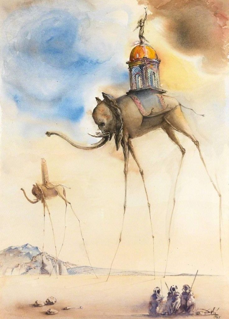 Surreal artwork of elephants with long legs carrying structures, inspired by imaginative and dream-like concepts.