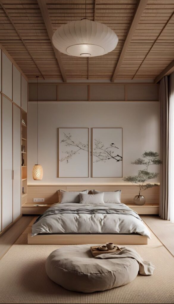 Minimalist Japanese-style bedroom with futon bed, soft lighting, and wall art for a tranquil, serene ambiance.