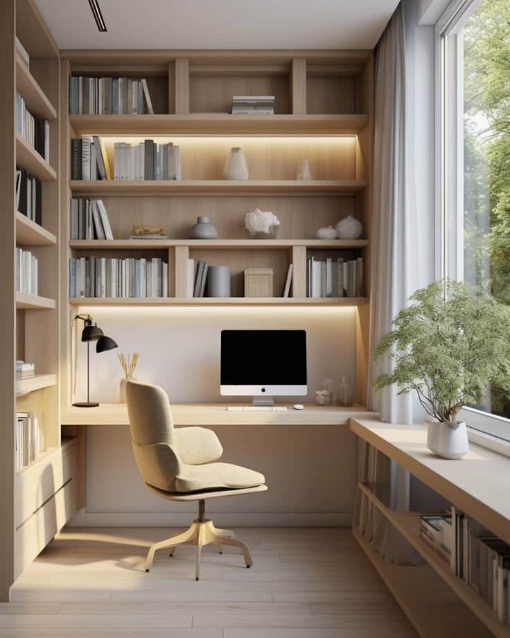 Modern home office with built-in shelves, computer on desk, ergonomic chair, and a large window with natural light. home office
